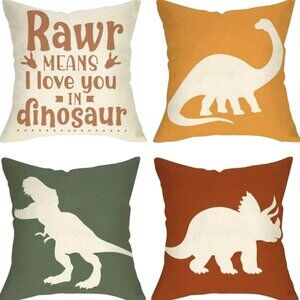 Set/4 Earthy Colors Prehistoric Dinosaur Themed Linen Kid's Throw Pillow Covers